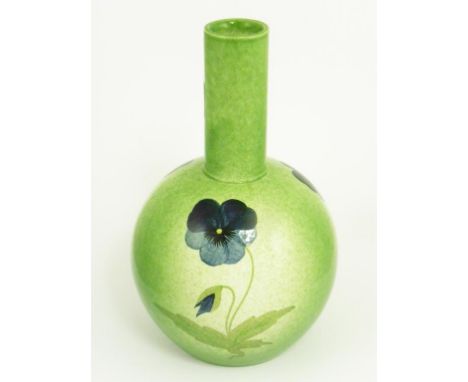 AN AULT 'GLOBE AND SHAFT' VASE, PAINTED WITH BLUE PANSIES ON A MOTTLED GREEN GROUND, IMPRESSED AND PRINTED MARKS