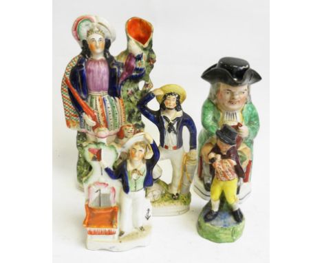 A STAFFORDSHIRE PEARLWARE FIGURE OF A MAN IN A CLOAK, CIRCA 1820, THREE LATER 19TH CENTURY STAFFORDSHIRE FLATBACKS, INCLUDING