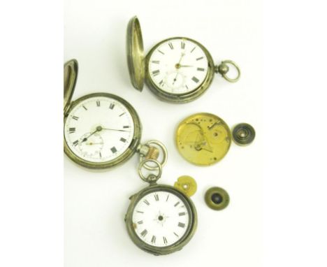 A SILVER HUNTING CASED KEYLESS LEVER WATCH, BIRMINGHAM 1912 AND TWO OTHER SILVER WATCHES, FAULTS