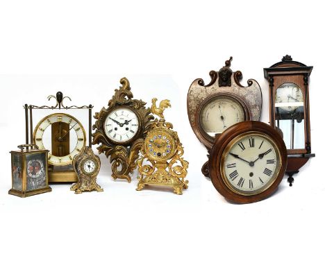 A French Gilt Metal Mantel Timepiece, together with a gilt metal alarm timepiece, a modern brass battery driven carriage time