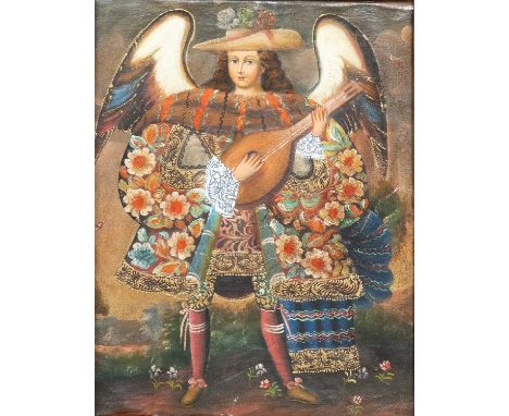 Cusco School Style (20th Century)winged figure playing the mandolinOil on canvas, 38.5cm by 29cm 
