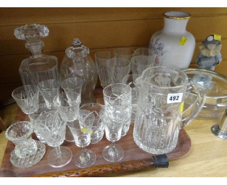 Tray of crystal glassware including six small Waterford crystal tumblers together with a metal top bowl Nao figure of a clown