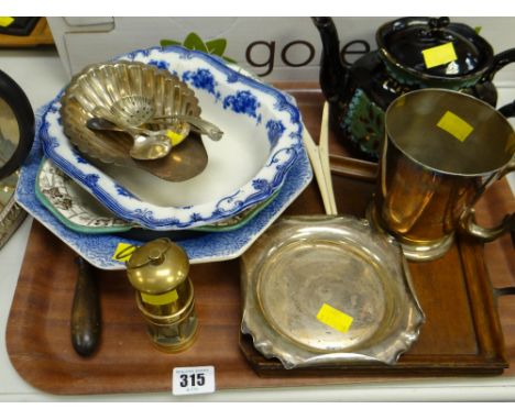 A tray of various items including a crumb tray, EPNS, ceramic teapot & dishes etc