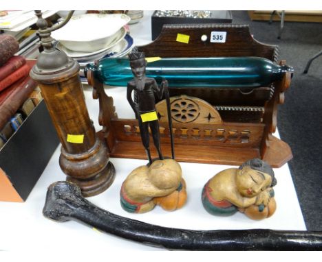 Small oak letter rack, vintage pepper grinder, carved figures & a bog oak shillelagh