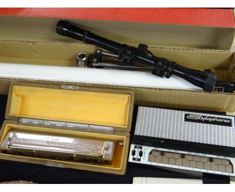 Vintage cased Hohner Germany harmonica together with a vintage boxed stylophone, boxed tripod telescope etc