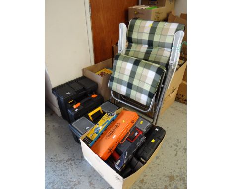 A parcel of various cased power tools, socket set, toolboxes & a garden recliner etc