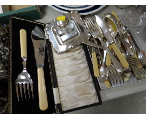 Small parcel of EPNS cutlery together with an EPNS inkwell & stand