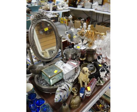 Tray of various ornaments & glassware including a dressing table mirror, jewellery boxes & resin collie dogs etc