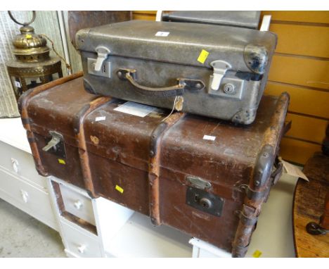 A small vintage suitcase & a vintage banded trunk