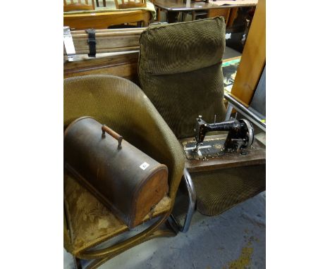 A retro chrome framed corduroy chair, a loom chair & a vintage Singer sewing machine 