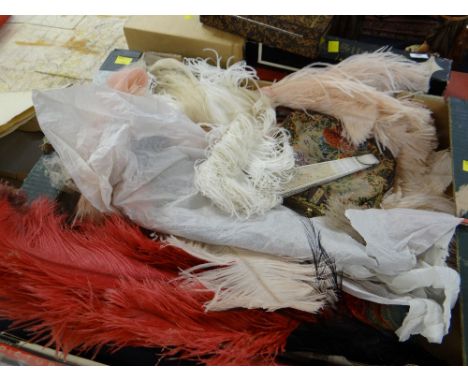 A parcel of vintage feather fans, evening bags etc