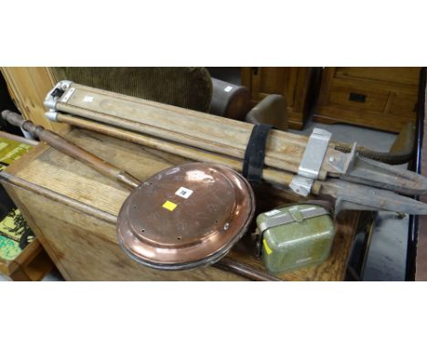 A copper bed warming pan, a Kern vintage tripod & Kern level
