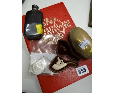 Brass tobacco tin, small hip flask, miniature Meerschaum pipe, parcel of Diana Princess of Wales presentation packs