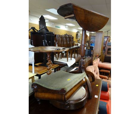 An antique drop flap tripod table & two antique foot stools