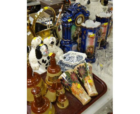 A vintage Continental ceramic blue & gilt decorated garniture set, pair of small Staffordshire dogs & another, Wade Bell's wh