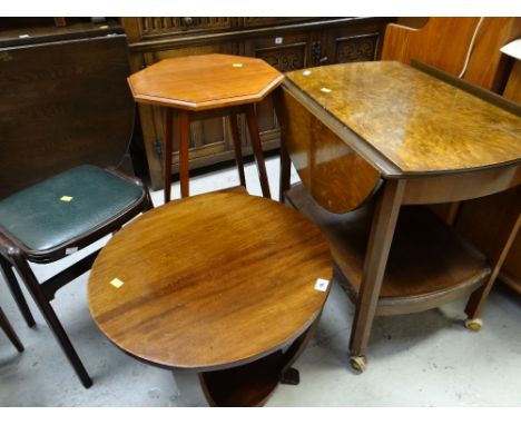 A burr effect vintage tea trolley & two occasional tables etc