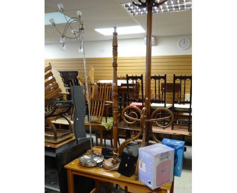 A vintage bentwood coat stand, a pine standard lamp & another together with sundry small furniture etc