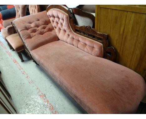 An antique chaise longue, similarly upholstered armchair & button back chair (all distressed) 