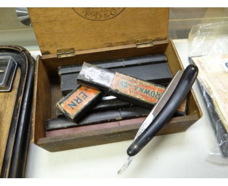 Small box containing collection of vintage cut throat razors