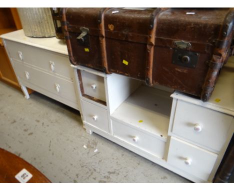 Two vintage white painted dressing tables, Lloyd Loom-style linen basket