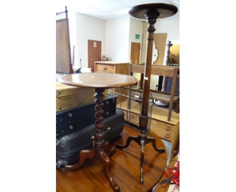 An antique mahogany torchere & an antique barley-twist tripod table