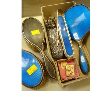 Parcel of hallmarked silver hairbrushes, mirror, sugar nips etc