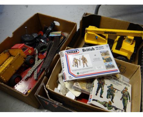 Box of vintage model military figures, rail track etc