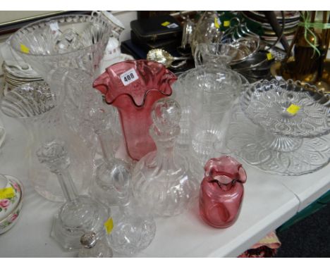 A parcel of glassware including decanter, vases, two cranberry glass vases & a small silver topped scent bottle