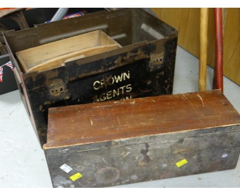 Vintage metal ammunition box with carry handles (no lid), flat irons, cobbler's last, vintage tins etc