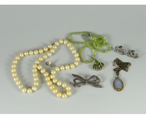 An opal pendant & chain together with a silver peridot necklace, string of pearls & marcasite brooch