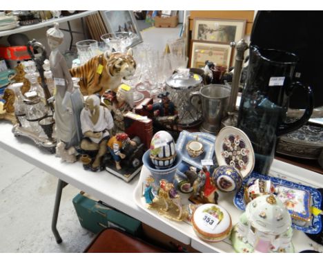 Parcel of various china & metalware including a Coalport pastille burner, Wedgwood Jasperware large ceramic tiger, Lladro fig