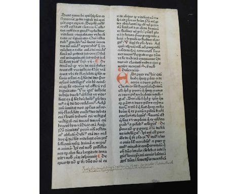 Two early printed leaves, double columns, 36 lines, each leaf with old manuscript at foot 'probably printed by Caxton...', f/