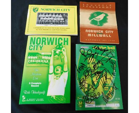 Norwich City v Millwall 1938 souvenir programme vgc + Norwich City v Grimsby Town 2002 programme with various signatures on t