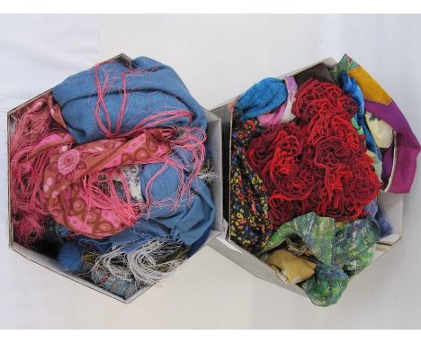 Large quantity of various silk and wool scarves, pashminas, etc (2 hat boxes)Condition ReportNone of the items are 'branded'.