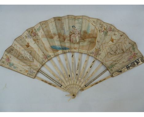 A 19th century bone and paper painted fan, the central cartouche decorated with figures fishing, flanked by a pair of rectang