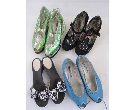 Lulu Guinness mules with black and white bow decoration, in original box and dust bag, Irregular Choice suede 'Dolly' shoes w