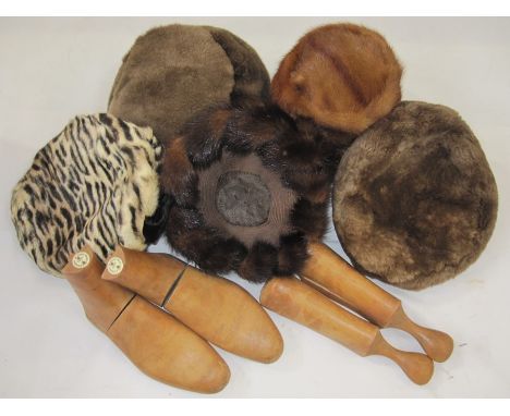 Pair of small boot treess made by Bartley & Sons, two mink hats, three  other fur hats and a fur collar, and a quantity of ki