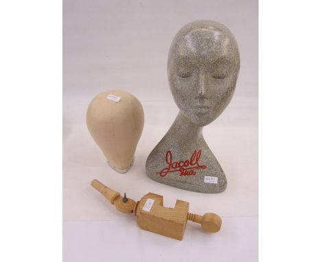 1960's Jacoll Hat display model, 42cm high, a milliner's head, bound in canvas with wooden clamp and support (2)  