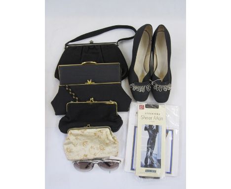 Pair of vintage black fabric evening shoes&nbsp;with silver bugle bead decorations, various evening bags, two pairs of stocki