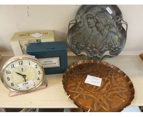A Jock pink alarm clock, a pair of Royal Worcester egg Coddlers, boxed, a pair of Dartington syllabub cups, an art nouveau pe