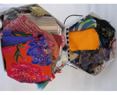 Large quantity of wool and silk scarves, pashminas, etc (2 hat boxes)Condition ReportNo noticeable damage but have not indivi