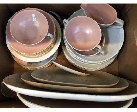 A Poole pottery part dinner service and a small quantity of Denby plates with green borders&nbsp;