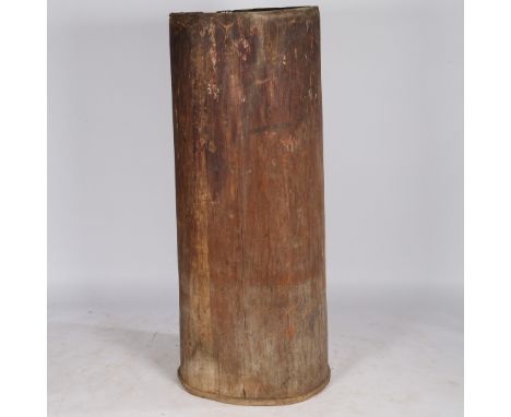 A large hollowed out tree trunk container, having a galvanized metal support to the body and a plank base, 153cm high.  CR*  