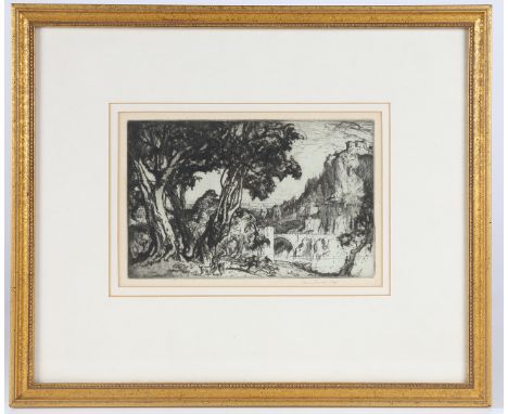 Frank Brangwyn, RA, RWS (1867-1956) "Romantic Landscape" signed in pencil, black &amp; white etching, 15 x 23cm.  CR*  Some t