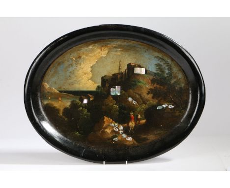 A Victorian papier mache and mother of pearl inlaid tray, of oval form, painted with a scene of a mountainous town by the sea