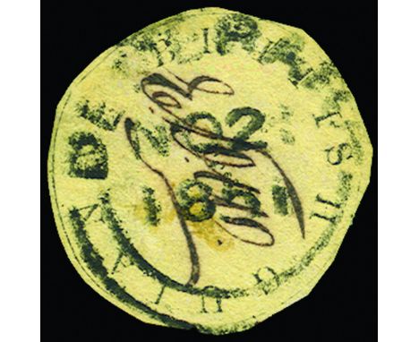 BRITISH GUIANA - 1850-51 4c lemon-yellow "Cotton-reel" on thin paper, cut round (SG 3.II) signed E.D.W(ight), used, ink etchi