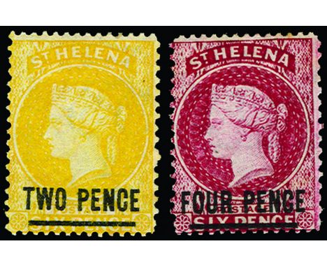 ST HELENA - 1864-80 Perf 14x12½ 2d yellow and 4d carmine, both type B (SG 22, 24), some light perf tones, large part o.g., ca
