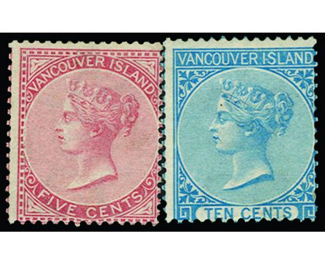 BRITISH COLUMBIA - 1865 Perf 14  5c rose and 10c blue (SG13-14), both centred to l/r and unused without gum, fresh appearance