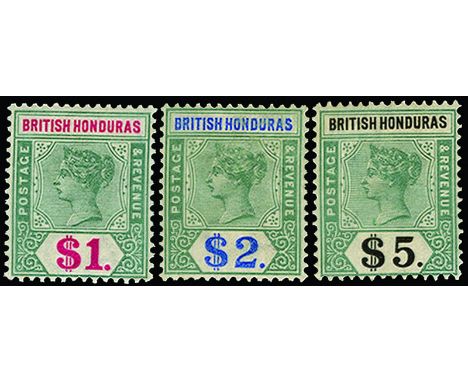 BRITISH HONDURAS - 1891-1901 $1 green and carmine, $2 green and ultramarine and $5 green and black (SG 63/65), large part o.g