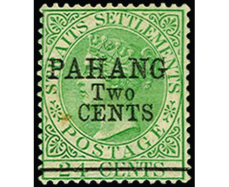 MALAYA - PAHANG - 1891 (May) 2c on 24c green, surch type 7 (SG 9), light even gum toning and small stain on face, large part 